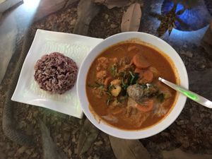 Thai panang curry with soy protein and vegetable  at Ashoka Vegan in Koh Phangan