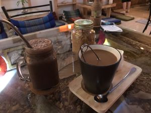 Coco shake and Yogi Tea at Ashoka Vegan in Koh Phangan