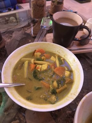 Yellow curry and yogi tea at Ashoka Vegan in Koh Phangan