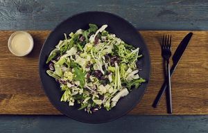 Vegan salad. At the moment with honey in dressing. Ask the staff for another dressing at Homemate in Frederiksberg