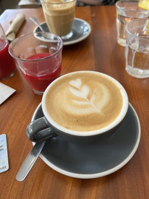 Oat milk cappuccino and beet juice  at The Fumbally in Dublin
