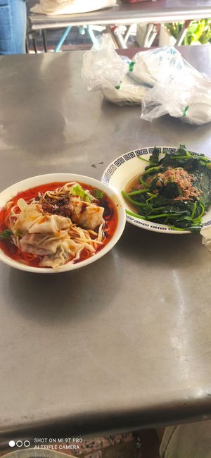 Spicy Noodle Wonton and Sweet Potato Leaf at Huì Jiāng SùShí Dān Zǐ Miàn 惠江素食擔仔麵 in Tainan