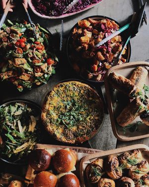 Home made salad counter at Benk + Bo in East London
