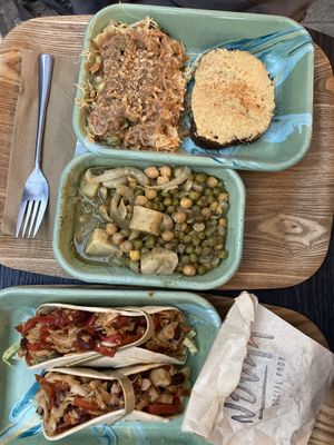 Noodle salad, hummus toast, green curry (wish it had rice) jackfruit tacos (jackfruit in France!?)   at Noväa Social Food in Cannes