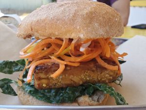 Sesame dijon tempeh sandwich at Root Down Kitchen in Bend
