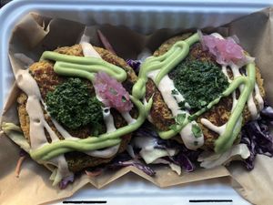 Red Lentil Fritters! Too good! 😍🤤 at Root Down Kitchen in Bend