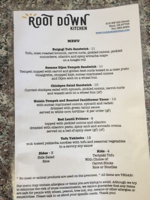 Menu 1 at Root Down Kitchen in Bend