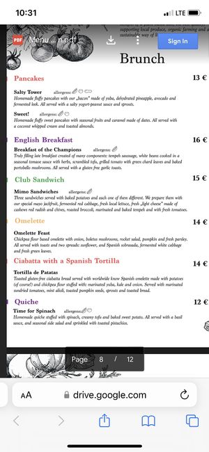 Brunch menu October 2022  at MIMO in Malaga