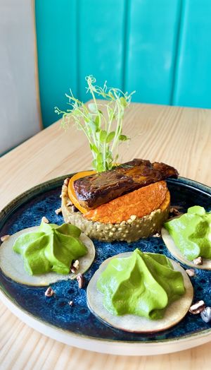 Buckotto made in zucchini sauce, mushroom steak (so good!), dill foam and apple 😋  at MIMO in Malaga