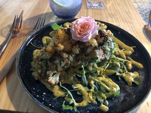 Sweet baked potato with chickpea & cauliflower curry - very healthy and tasty  at MIMO in Malaga