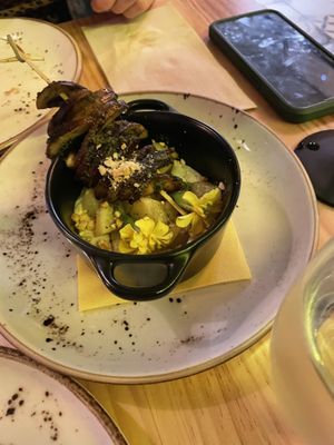 Potatoes with cashew cream and mushroom skewer   at MIMO in Malaga