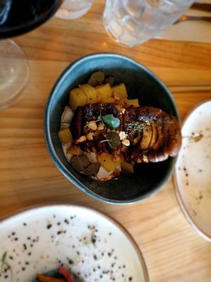 Tapa of potatoes with cashew sauce and mushroom scewer at MIMO in Malaga