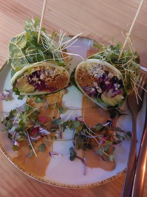 Burrito Verde (swiss chard, dried tomato-walnut "meat", cauliflower rice, fermented red cabbage, avocado, "cheese" sauce) at MIMO in Malaga