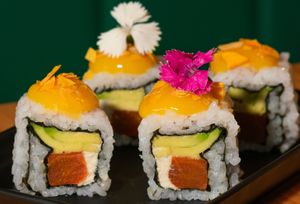 Vegan Sushi: we have a few variants which we change often. 

Here a sweet one
with roasted marinated carrot, tofu “cream cheese,” avocado, mango, lime, and a gentle sweetnes at MIMO in Malaga