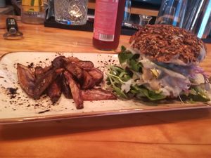 Amazing moist beetroot burger with purple potato chips! Delicious!  at MIMO in Malaga