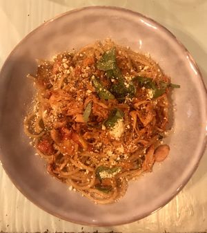 Spaghetti with jackfruit and ‘Parmesan’  at MIMO in Malaga