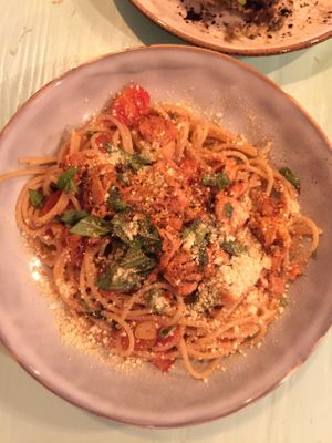 The best gluten free pasta ever- with jackfruit and tomatoes! Must have!!! at MIMO in Malaga