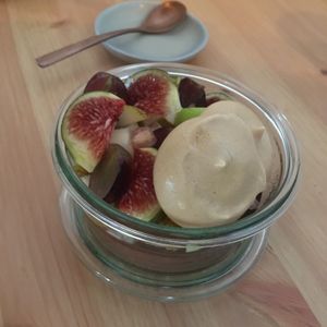 Vegan chocolate mousse with fresh fruits and homemade vegan meringues  at MIMO in Malaga