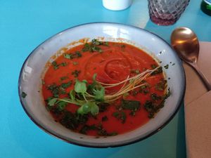 Tomato and roasted red bell pepper soup at MIMO in Malaga