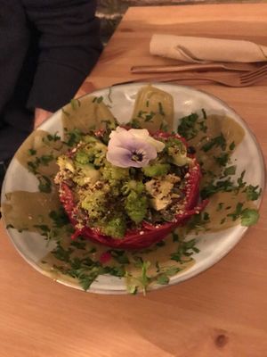 ‘Pinketti’ beetroot spaghetti with creamy cashew sauce, seeds, roasted broccoli and homemade Parmesan  at MIMO in Malaga