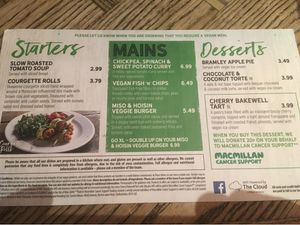 Vegan menu. at The Butchers Arms in Warrington