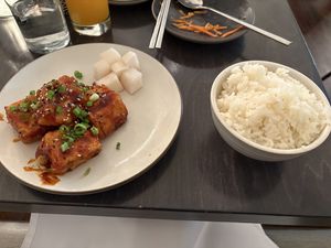 Fried Tofu w/chili glaze and sesame rice, the glaze on this is phenomenal!  The tofu melted in your mouth like butter!  It was perfect!  at Miss Kim in Ann Arbor