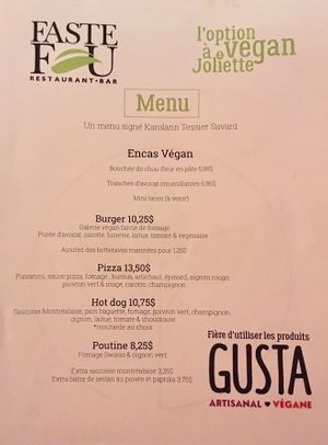 Menu at Faste Fou in Joliette