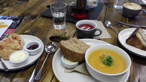 Vegan soup, scone and cake (not all for me), and drinks at The Frothy Bike Co in Dumfries