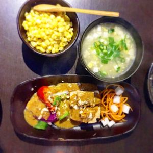Pink salt sweetcorn, sweetcorn soup, tofu satay at Suissi Vegan Kitchen  in Glasgow