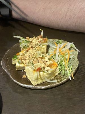 stuffed tofu parcels with lots of crispy veg and sweet chilli sauce etc at Suissi Vegan Kitchen  in Glasgow