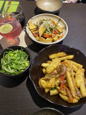 Salt and chilli tofu, lychee cosmopolitan, seaweed and edamame salad, salt and chilli chips  at Suissi Vegan Kitchen  in Glasgow