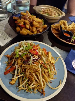 Singapore noodles, salt and pepper chips and vegetable wontons at Suissi Vegan Kitchen  in Glasgow
