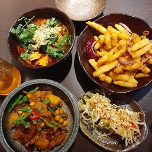 Sczechuan tofu, rendang curry, salt & chilli chips & tofu parcels at Suissi Vegan Kitchen  in Glasgow