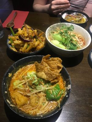 Noodle bowls and salt n chilli chips  at Suissi Vegan Kitchen  in Glasgow