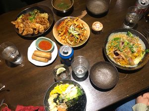 Cantonese crispy noodles, gan lau mee, salt and chilli beech mushrooms, soy and miso soup with vermicelli noodles, spring rolls  at Suissi Vegan Kitchen  in Glasgow