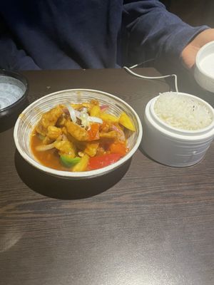 Sweet + sour King Trumpet Mushrooms with jasmine rice  at Suissi Vegan Kitchen  in Glasgow