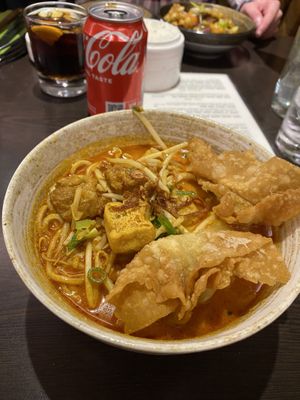 laksa with ramen noodles and crispy wontons  at Suissi Vegan Kitchen  in Glasgow