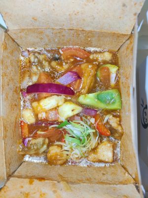 Sweet and sour king oyster mushrooms, a bit too oily at Suissi Vegan Kitchen  in Glasgow