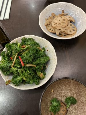 Stir fried kale and the lotus root and pickled black beanns  at Suissi Vegan Kitchen  in Glasgow