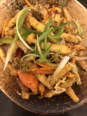 Salt and chilli beech mushroom   at Suissi Vegan Kitchen  in Glasgow