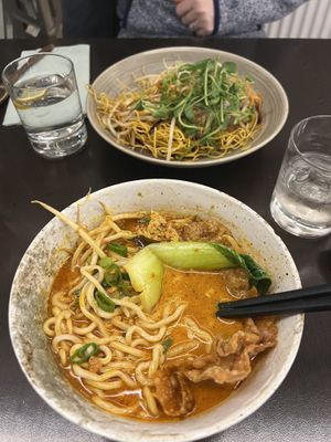 Laska ramen soup and crispy Cantonese noodles  at Suissi Vegan Kitchen  in Glasgow