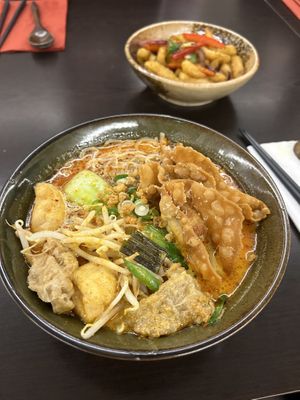 curry laksa rama + salt & chilli chips  at Suissi Vegan Kitchen  in Glasgow