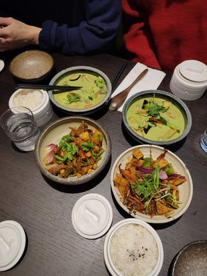 Rendang, Thai green curry, tofu black bean at Suissi Vegan Kitchen  in Glasgow