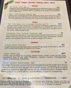 Xmas menu specials 2024  at Suissi Vegan Kitchen  in Glasgow