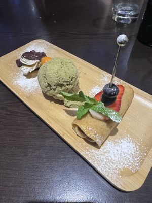 Adzuki Bean Pancake with matcha ice cream   at Suissi Vegan Kitchen  in Glasgow