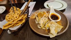 Gyozas and lotus root chips at Suissi Vegan Kitchen  in Glasgow