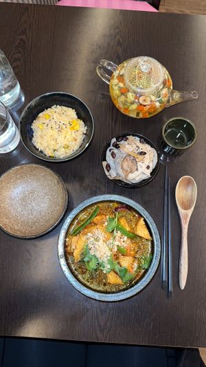 Szechuan tofu, rainbow rice, lotus root and pickled black bean,   at Suissi Vegan Kitchen  in Glasgow