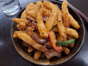 Salt and chilli chips at Suissi Vegan Kitchen  in Glasgow