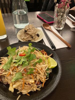 Pad thai main with lotus root and black bean starter (they arrived together) at Suissi Vegan Kitchen  in Glasgow