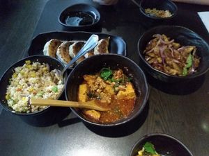 Rice, two curries and Gyoza at Suissi Vegan Kitchen  in Glasgow